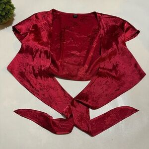 Red‎ Floral Satin Christmas Holiday Festive Shrug Cropped Jacket Women’s Size XS